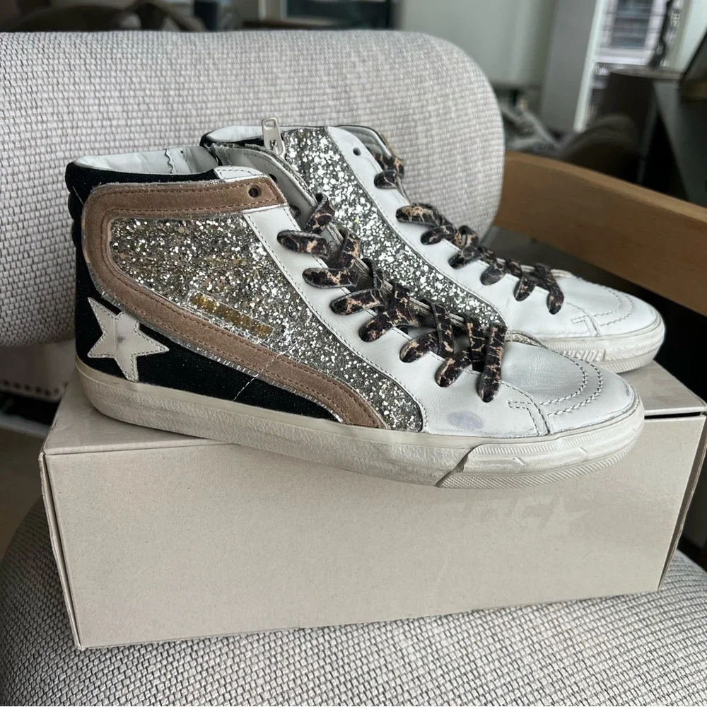 Golden Goose Slide Mid Top Mids Slides Glitter Leather Sneakers NIB